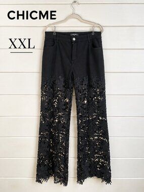 CHICME Black Floral Lace Sheer Pants XXL Statement Trousers (A)
